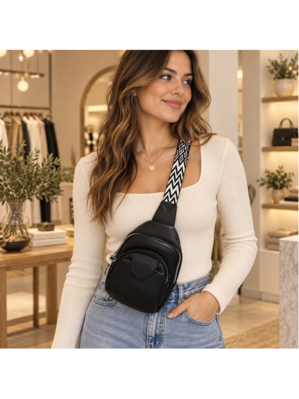 Women's LIVACASA Black & White Chevron Strap Crossbody Sling Bag One Size